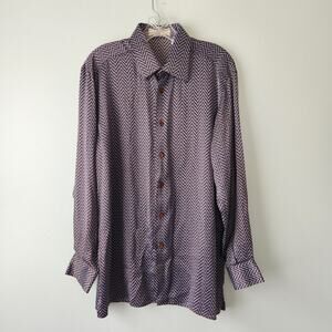Gianni Viera Silk Shirt Mens L Blue Brown Chevron Button Up Made in Italy Resort